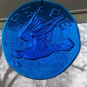 Art Glass Sun Catcher Ornament Decor Dove Of Peace Blue 5" Olive Branch Textured